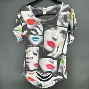 Rare CLEO Apparel Colorful Women's Slit Back Short Sleeve Large Lipstick Nails